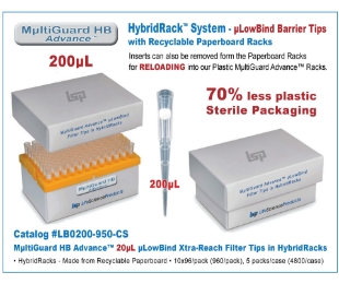 Picture of MultiGuard HB Advance 200uL uLowbind Filter Barrier Tips in Sterile HybridRacks, 10x96/pk (960), 5 packs/case (4800/case)