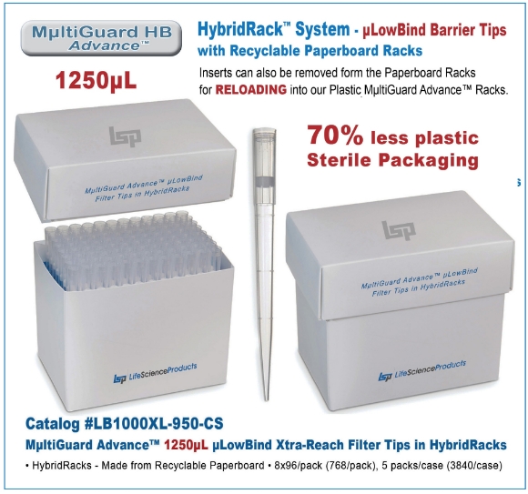 Picture of MultiGuard HB Advance 1250uL uLowbind Filter Barrier Tips in Sterile HybridRacks, 8x96/pk (768), 5 packs/case (3840/case)